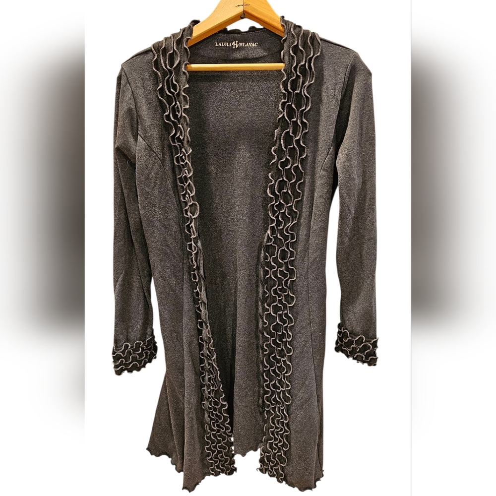 Laura Hlavac Cardigan Tie Ruffled Trim Stretchy Black Women's Size S